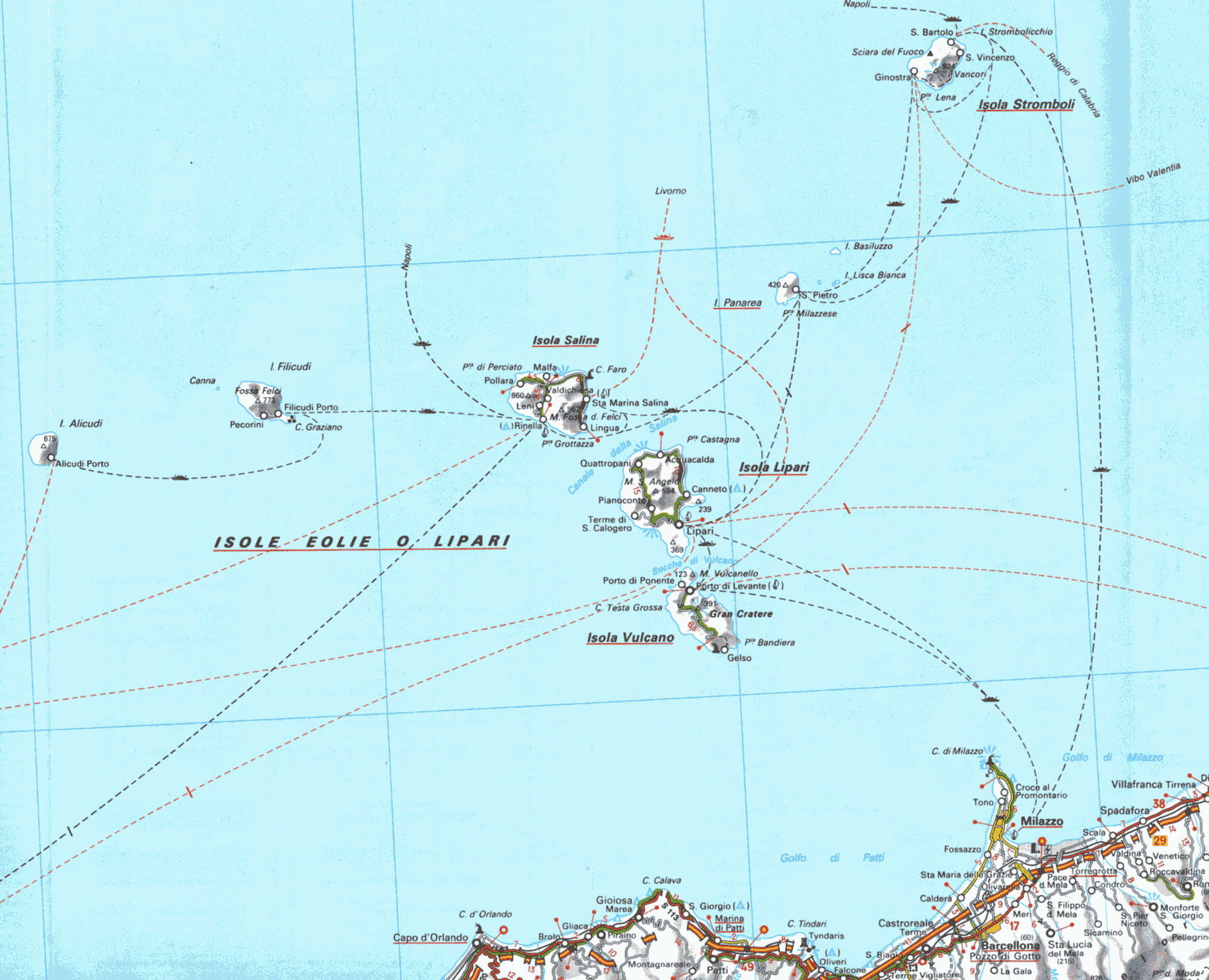 Mappa delle Isole Eolie - Lipari, Alicudi, Filicudi, Stromboli, Vulcano, Panarea